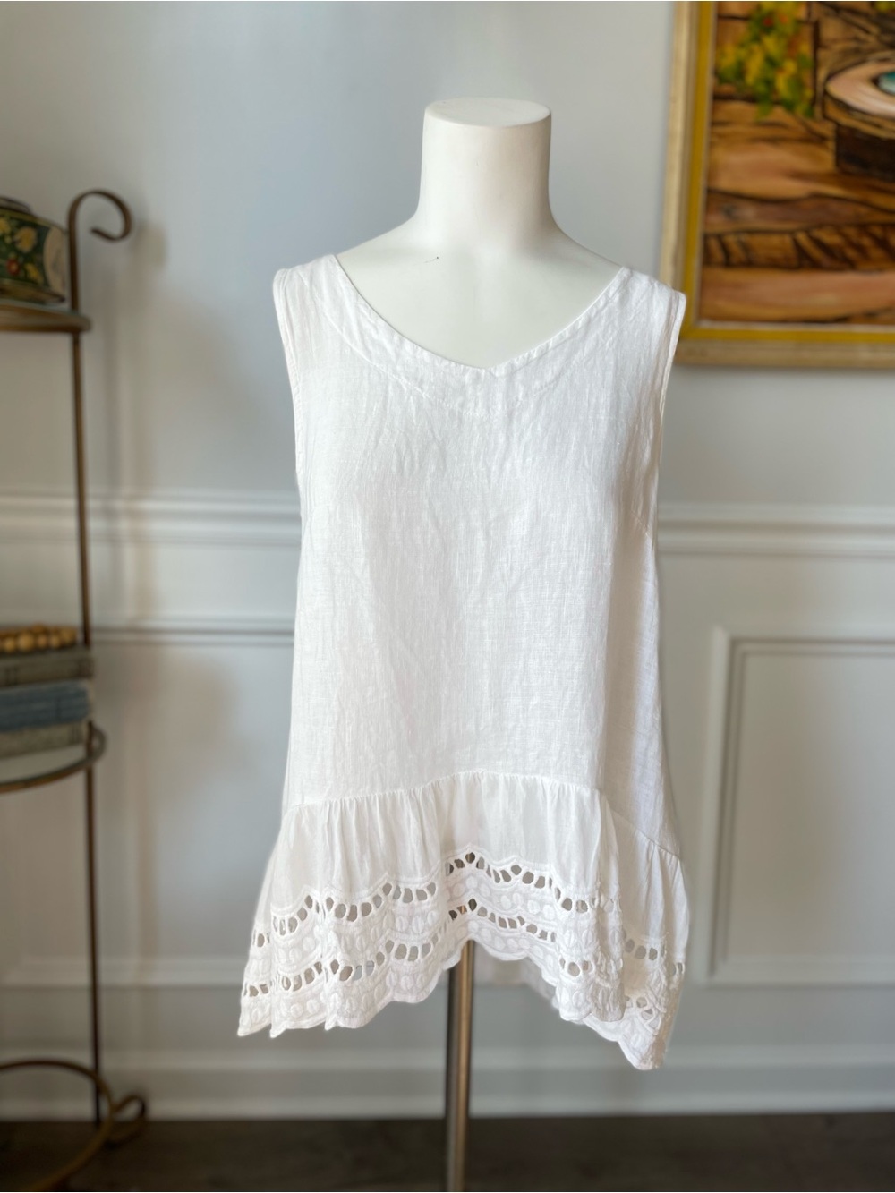 White Sleeveless Linen Tank with Eyelet Hem